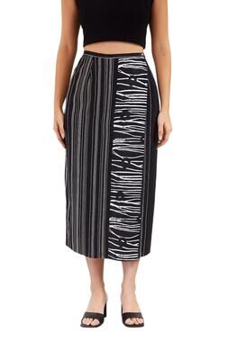 1990s Vintage Wrap Midi Skirt Abstract Striped Print Size Small Black Off White